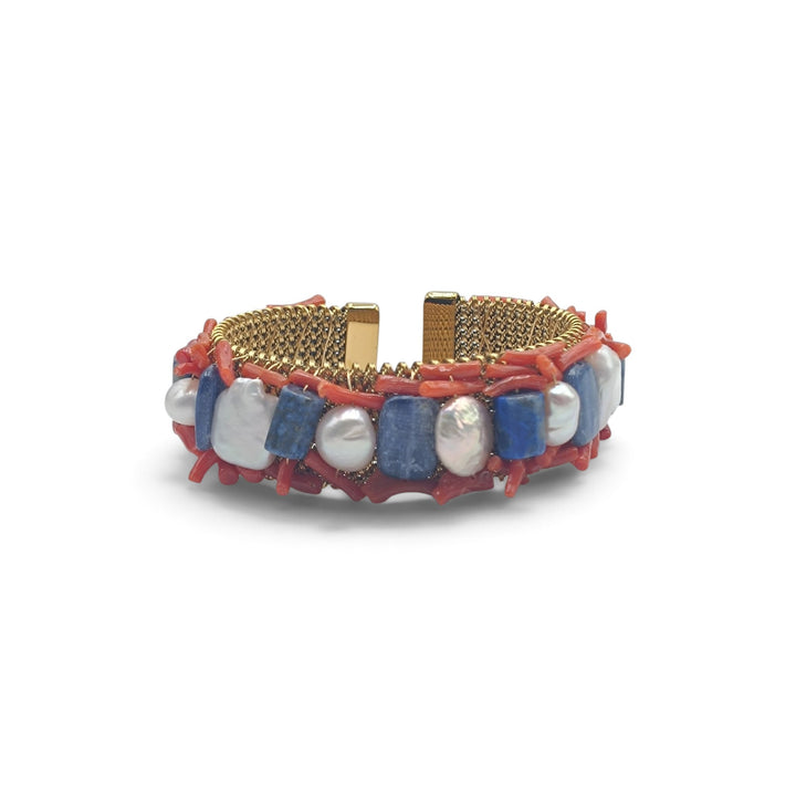 Bracciale con Corallo, Perle Cianite montato in Acciaio Dorato