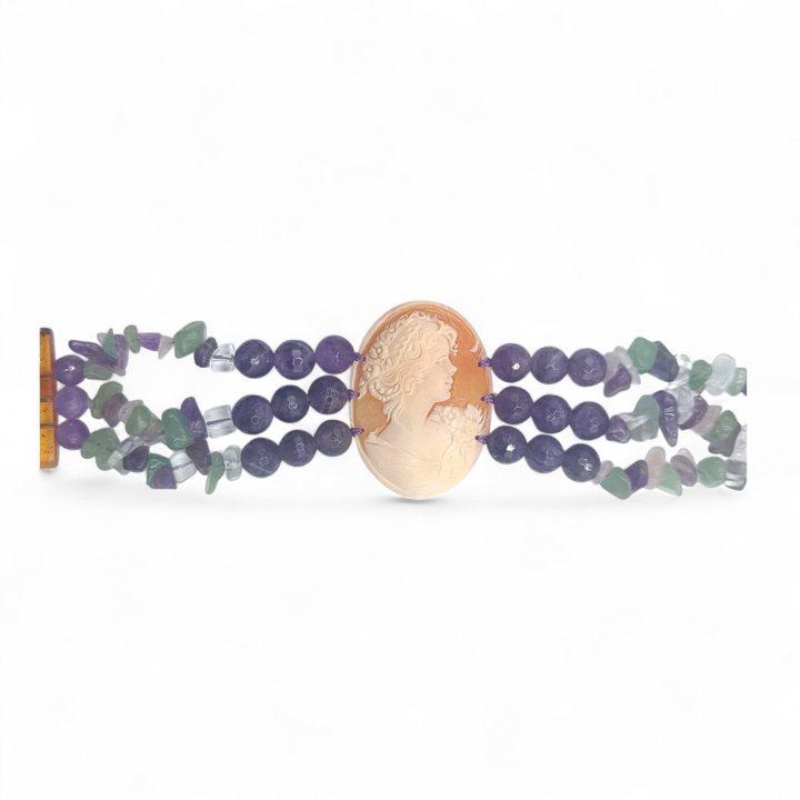Bracciale Dama di Cammeo Corniola, Ametista e Agata montato in Cotone