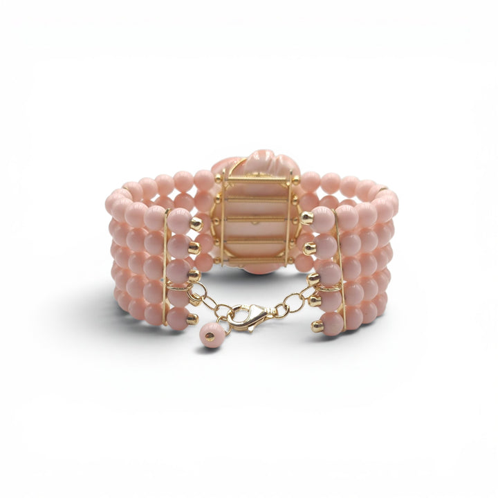Bracciale Fiore di Pasta di Corallo rosa montato in Argento Dorato