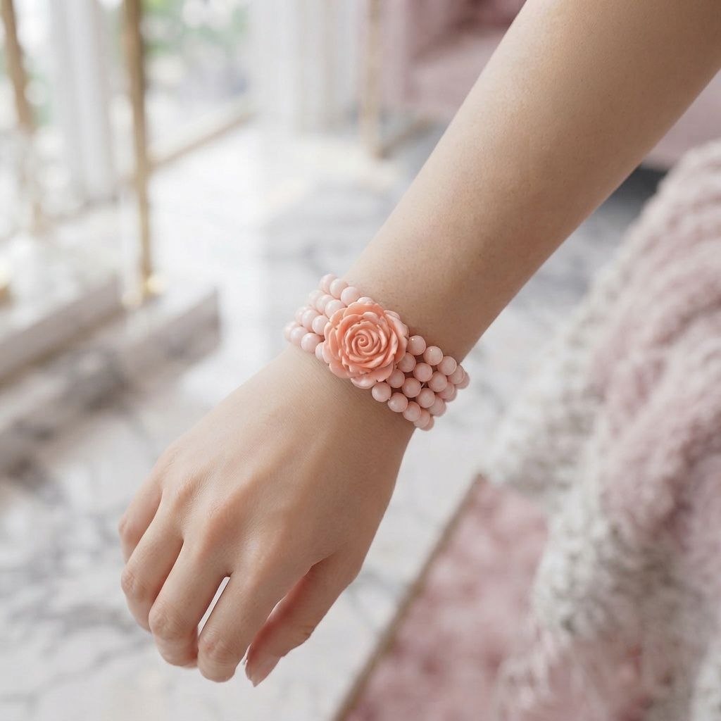 Bracciale Fiore di Pasta di Corallo rosa montato in Argento Dorato