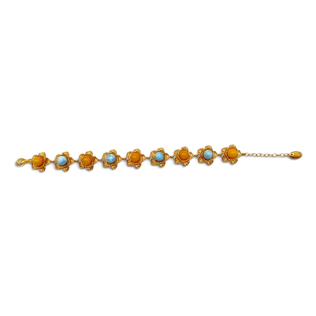 Bracciale Fiori di Ambra e Larimar montato in Argento Dorato