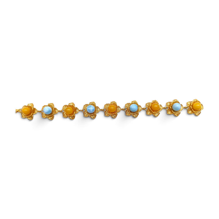 Bracciale Fiori di Ambra e Larimar montato in Argento Dorato