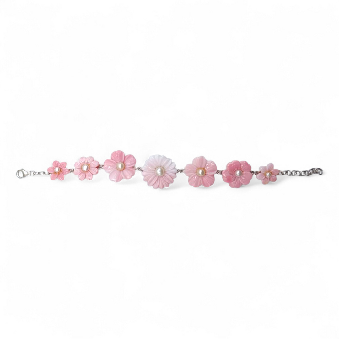 Bracciale con Fiori in Conchiglia rosa e Madreperla montato su Argento