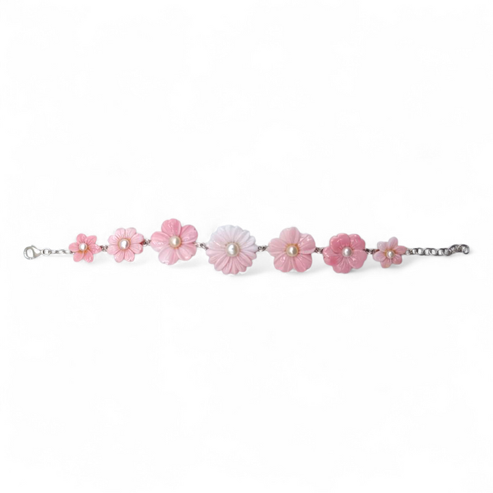 Bracciale con Fiori in Conchiglia rosa e Madreperla montato su Argento
