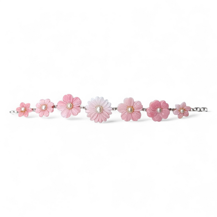 Bracciale con Fiori in Conchiglia rosa e Madreperla montato su Argento