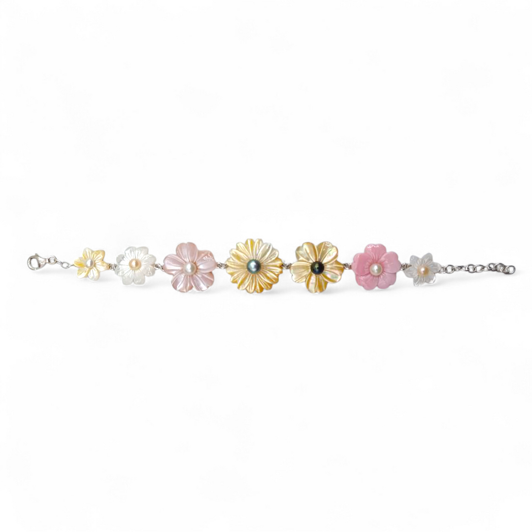 Bracciale fiori di Madreperla e Conchiglia rosa montato in Argento