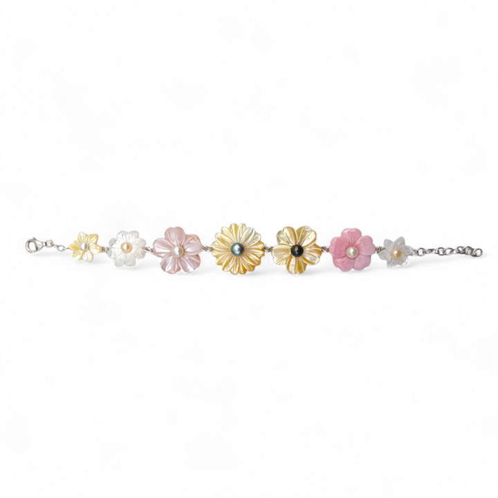 Bracciale fiori di Madreperla e Conchiglia rosa montato in Argento