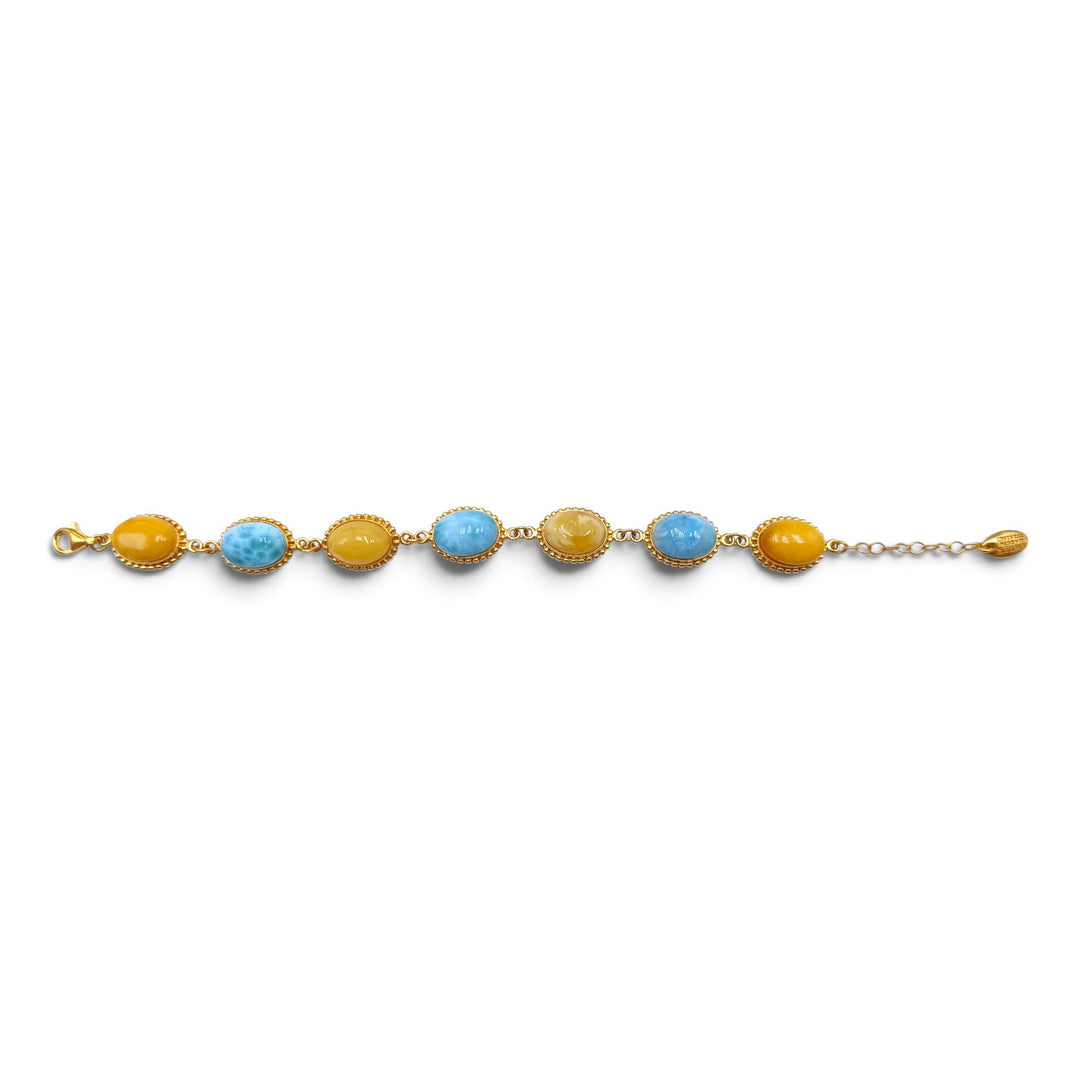 Bracciale ovale in Ambra e Larimar montato in Argento Dorato