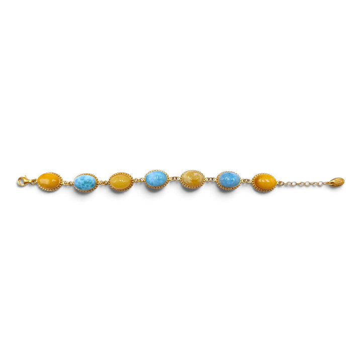 Bracciale ovale in Ambra e Larimar montato in Argento Dorato