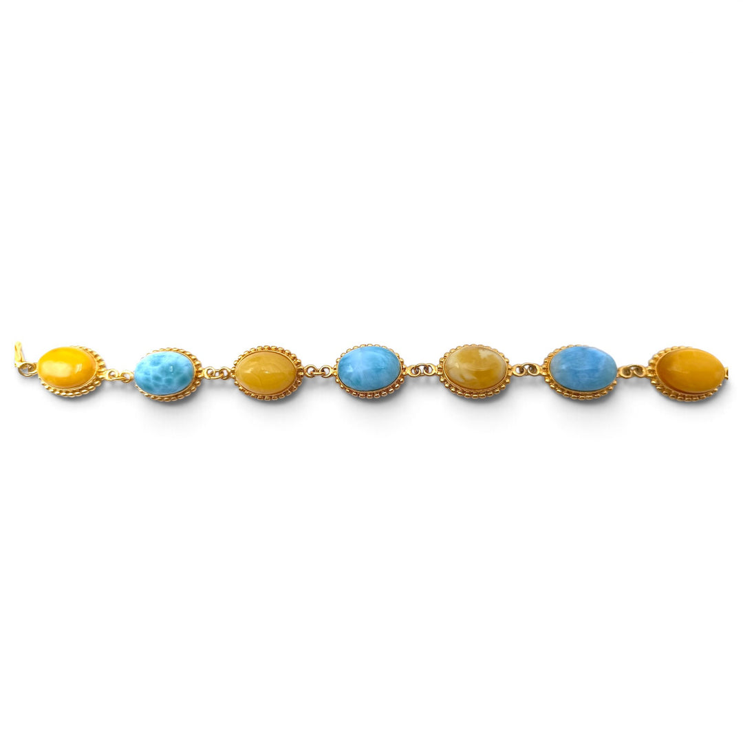 Bracciale ovale in Ambra e Larimar montato in Argento Dorato