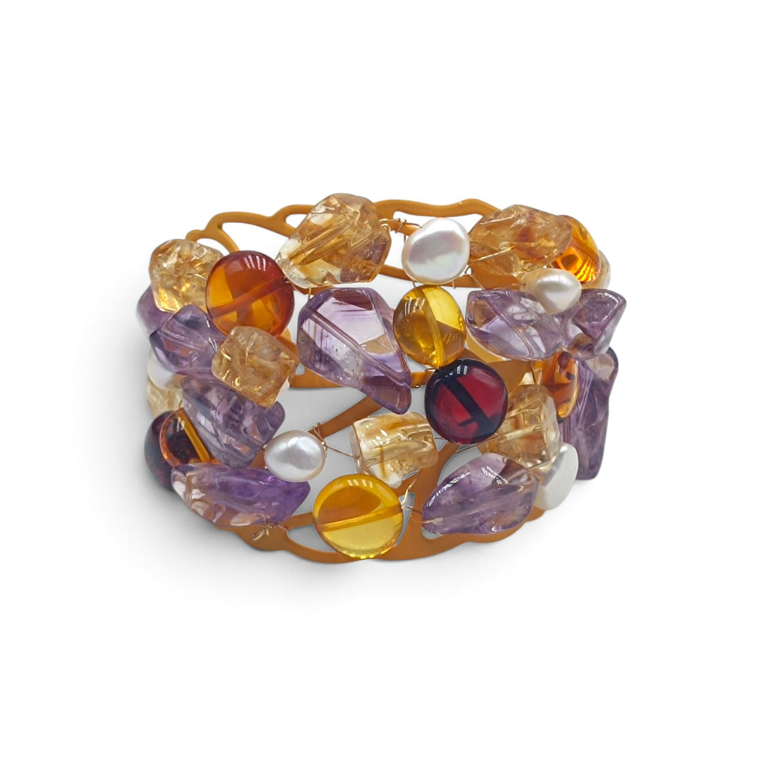 Bracciale con Perle, Ambra, Citrino e Ametista montato in Acciaio
