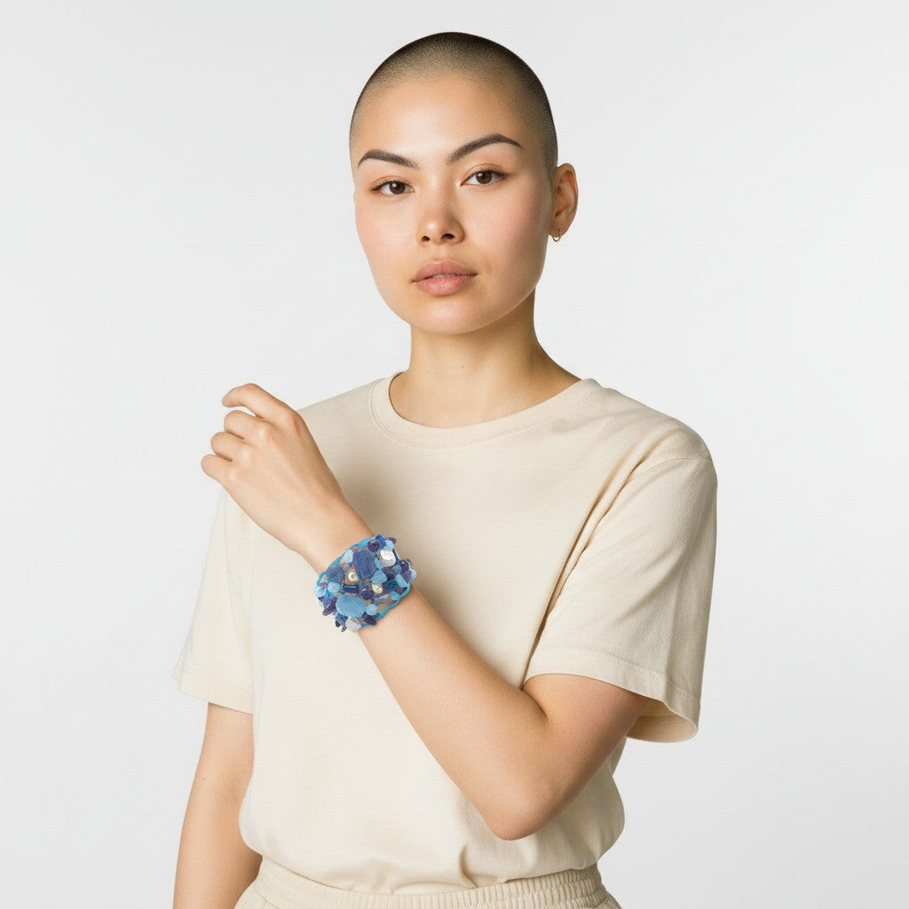 Bracciale Perle, Cianite, Acquamarina, Ametista e Lapis montato in Acciaio
