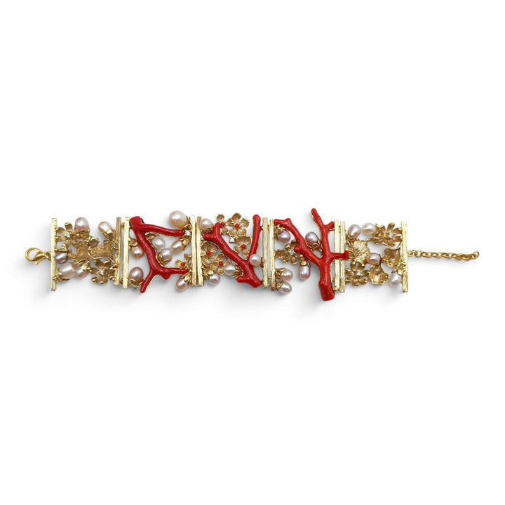 Bracciale Rami di Corallo e Perle montato in Bronzo placcato Oro