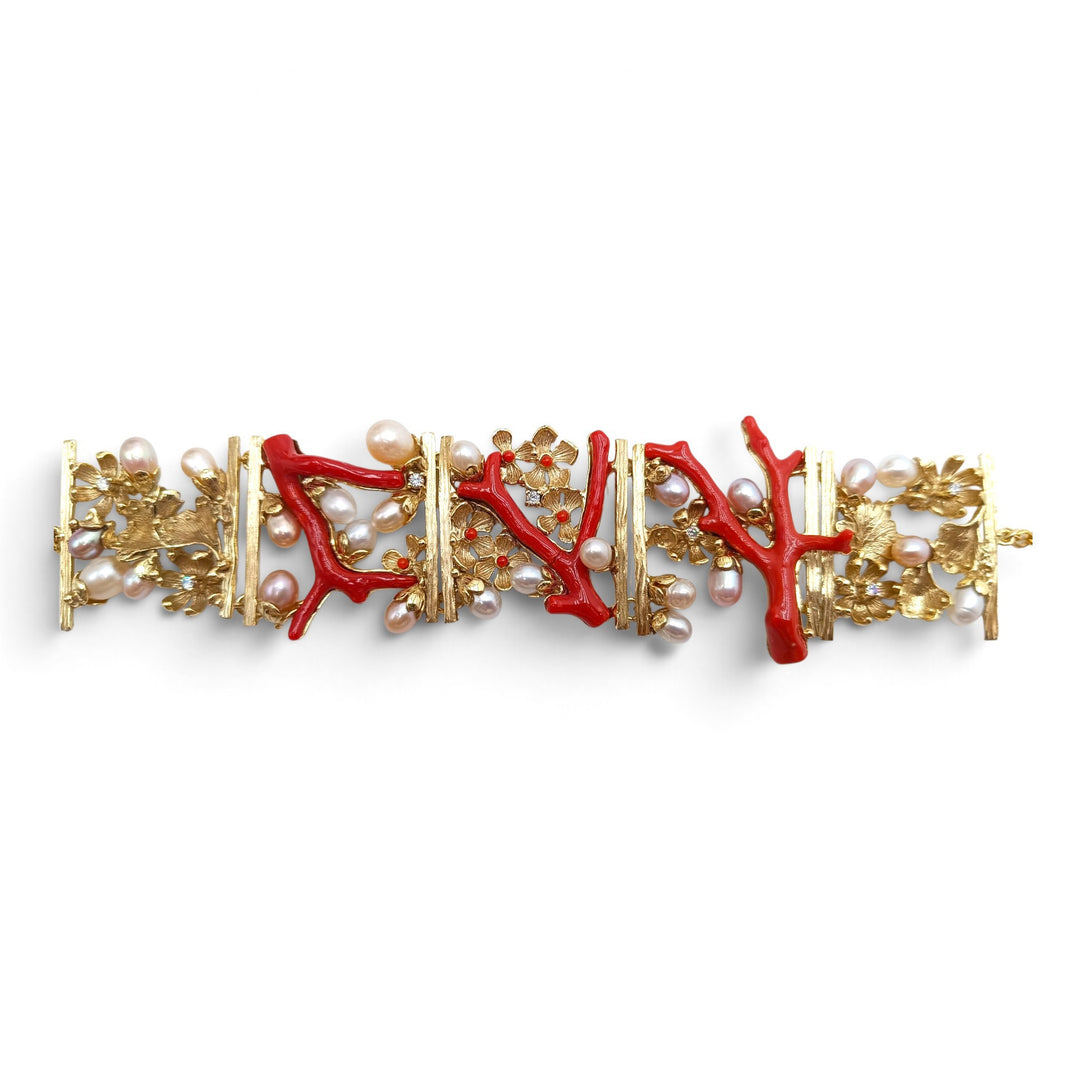 Bracciale Rami di Corallo e Perle montato in Bronzo placcato Oro