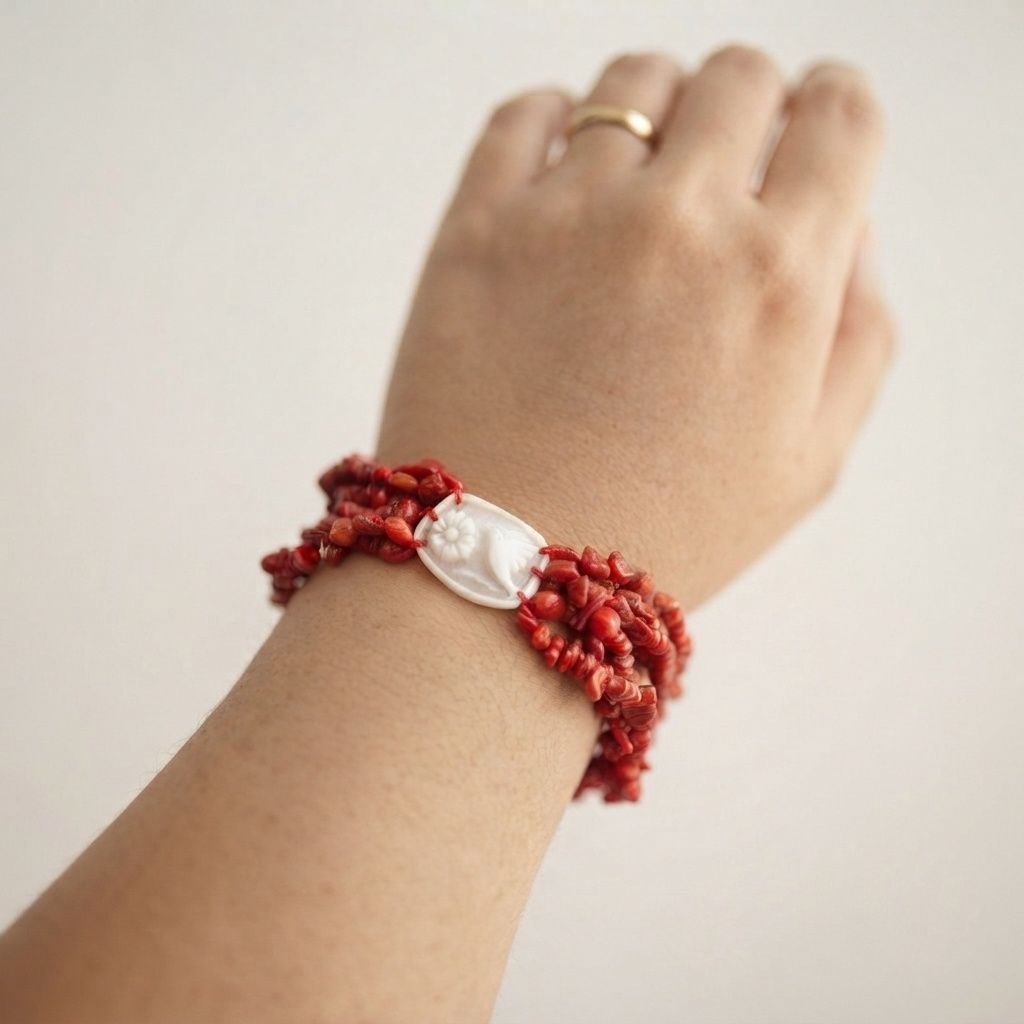 Bracciale di Cammeo e Corallo montato in Cotone