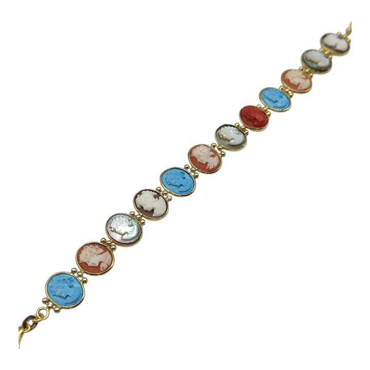 Bracciale 12 dee di dee in cammeo, corallo e pasta di turchese montato su argento galvanica oro