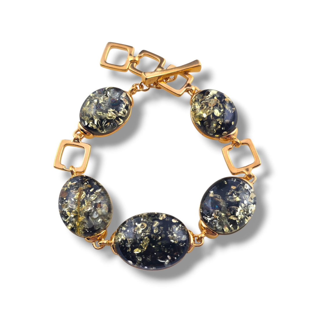 Bracciale quadrato di ambra multicolore montato in argento dorato