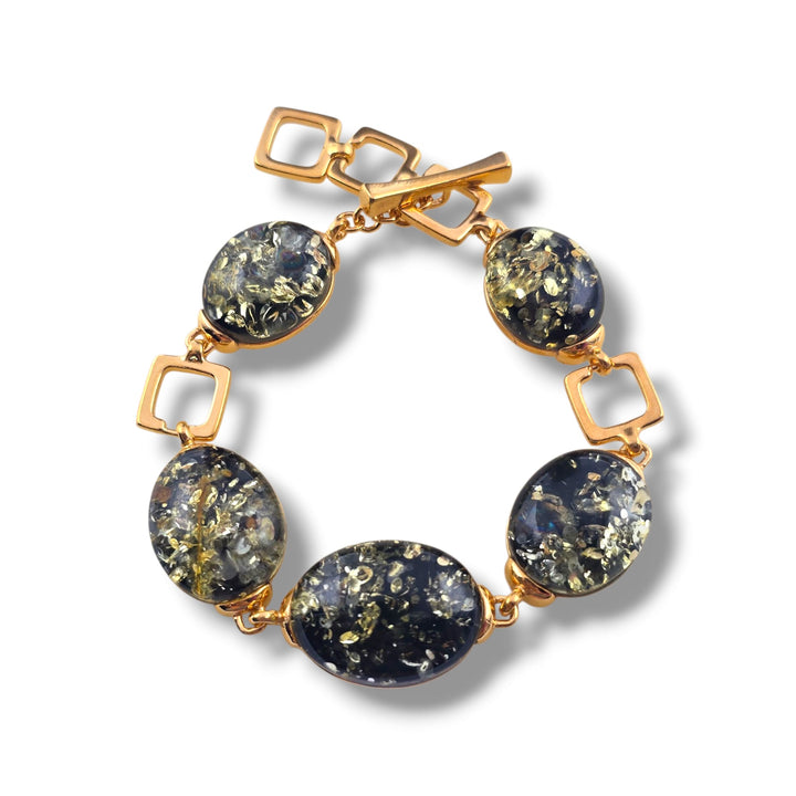 Bracciale quadrato di ambra multicolore montato in argento dorato