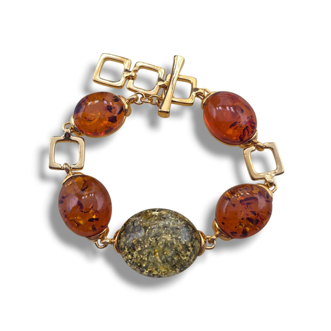 Bracciale quadrato di ambra multicolore montato in argento dorato