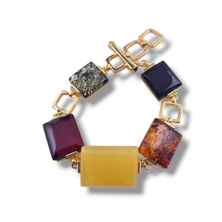 Bracciale quadrato di ambra multicolore montato in argento dorato
