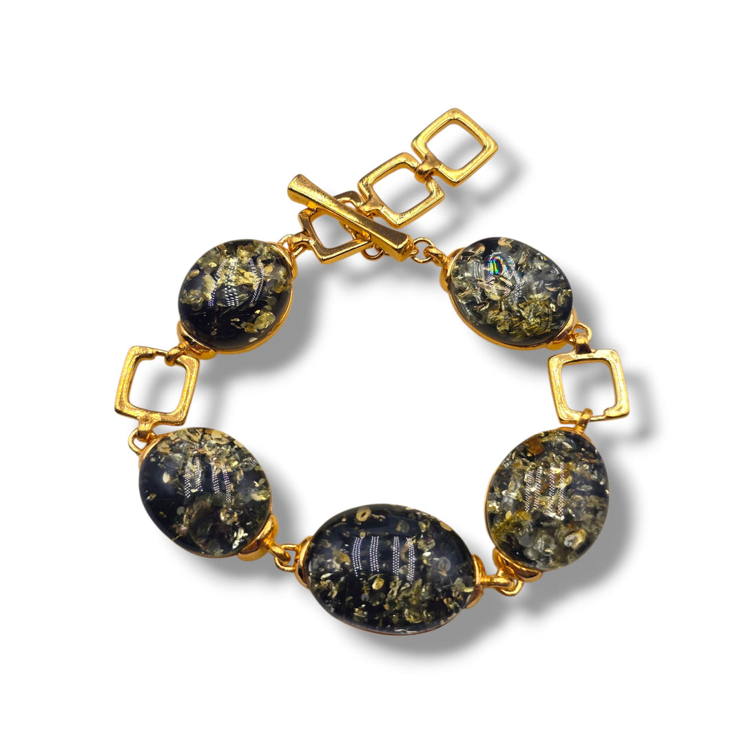 Bracciale quadrato di ambra multicolore montato in argento dorato