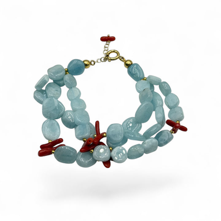 Bracciale di acquamarina e corallo montato in corallo e argento
