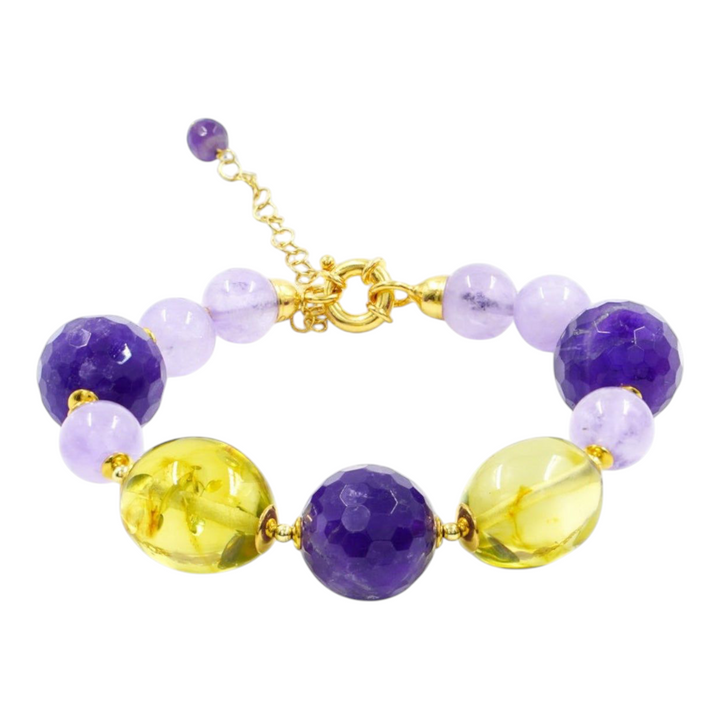 Amethyst and green amber bracelet mounted on silver 