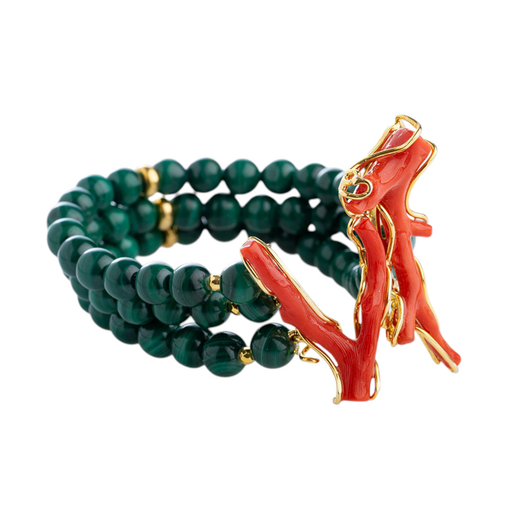 Malachite and coral bracelet mounted on silver