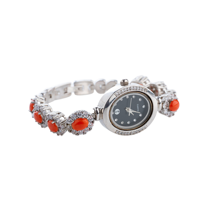 Bracelet watch with coral and zirconia mounted on silver
