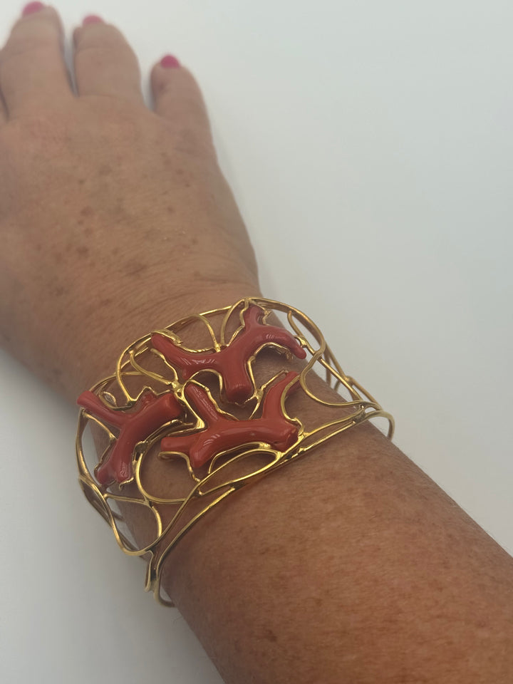 Bracciale rami di corallo montato in argento dorato