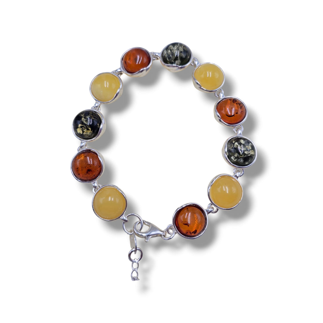 Bracciali multicolore di ambra del baltico e Larimar, montati in argento.