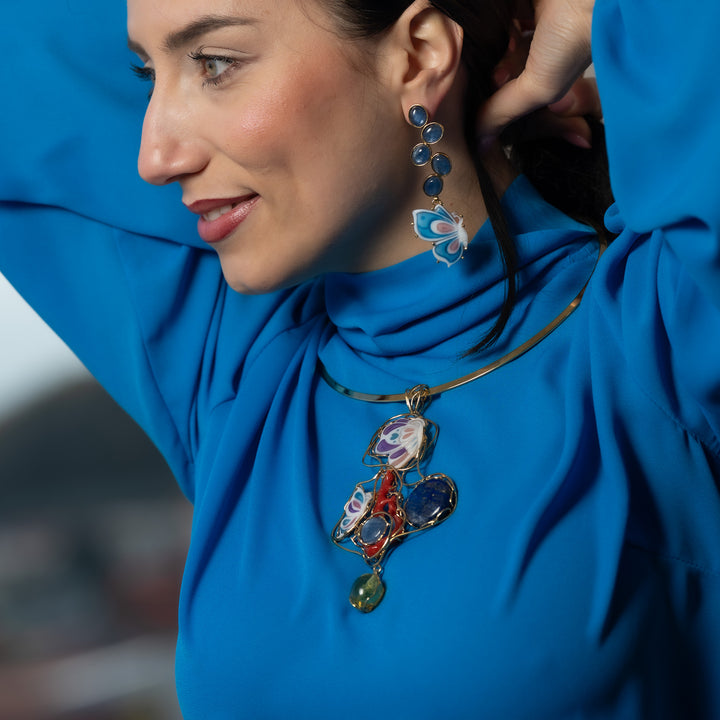 Butterfly pendant necklace in cameo, lapis, kyanite, coral mounted on silver