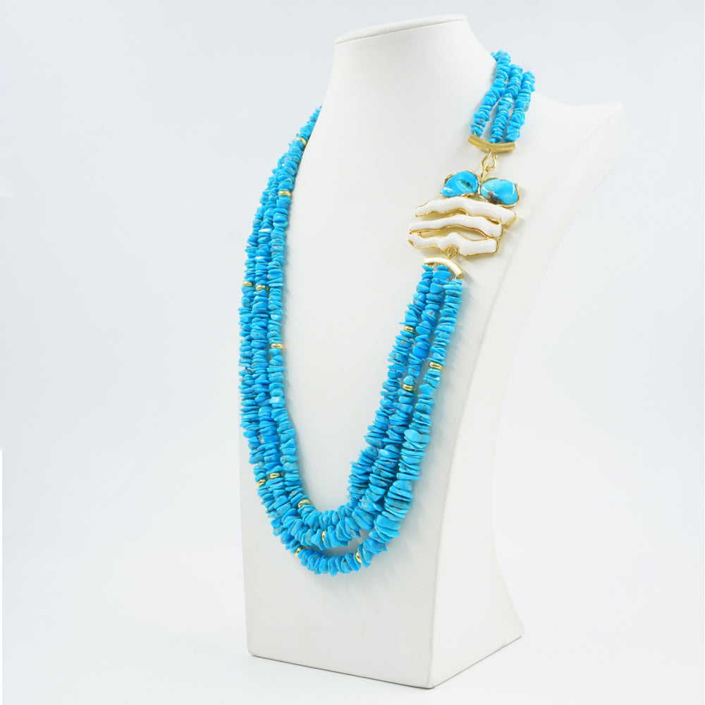 Collana multifili in corallo e turchese montata su argento