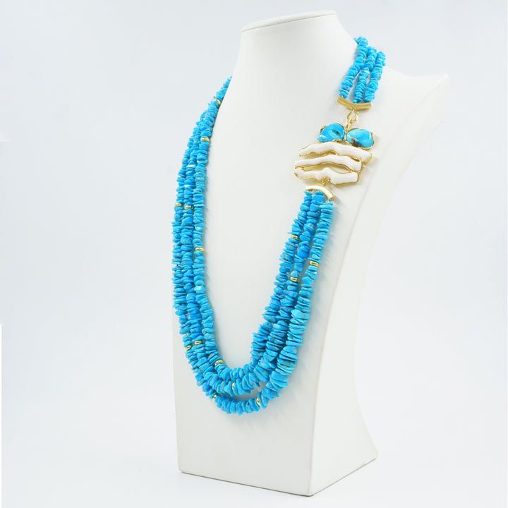 Collana multifili in corallo e turchese montata su argento