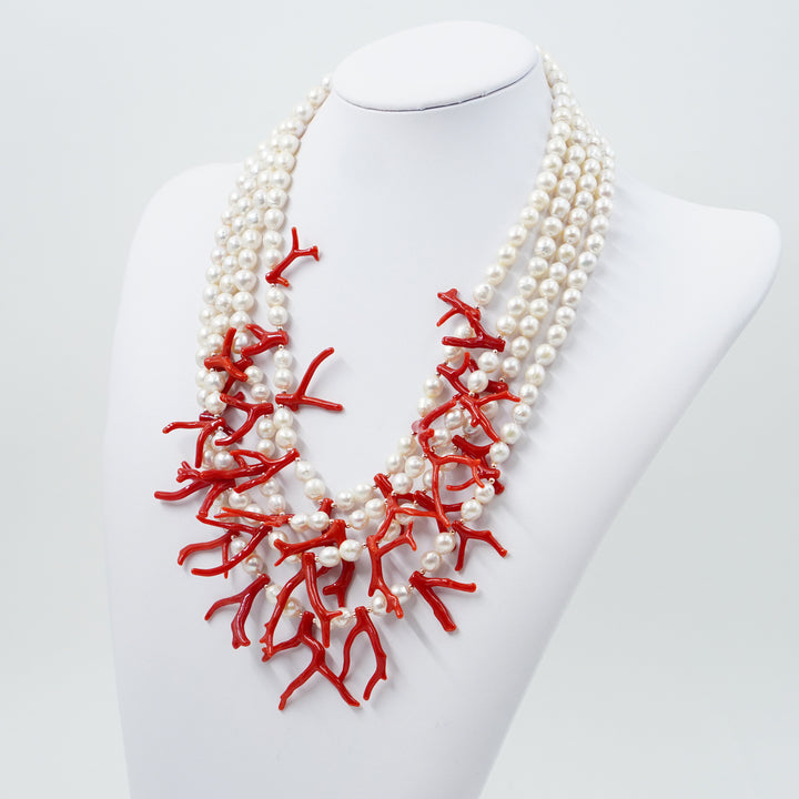Multi-strand coral and pearl necklace mounted on silver