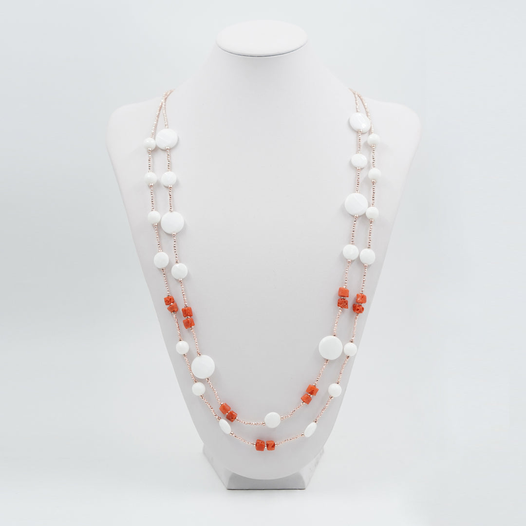 Collana multifilo in corallo e agata bianca