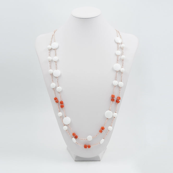 Collana multifilo in corallo e agata bianca
