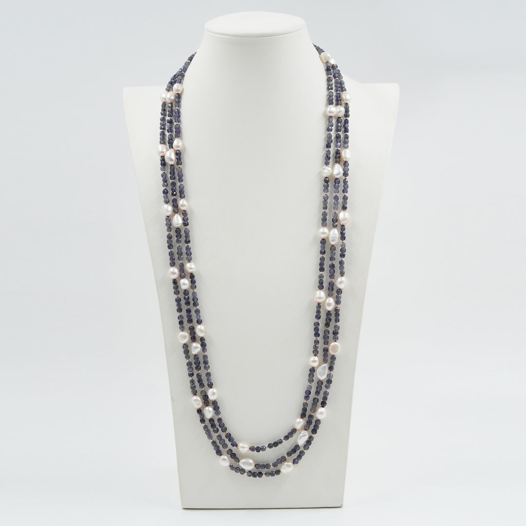 Iolite and pearl necklace mounted on silver