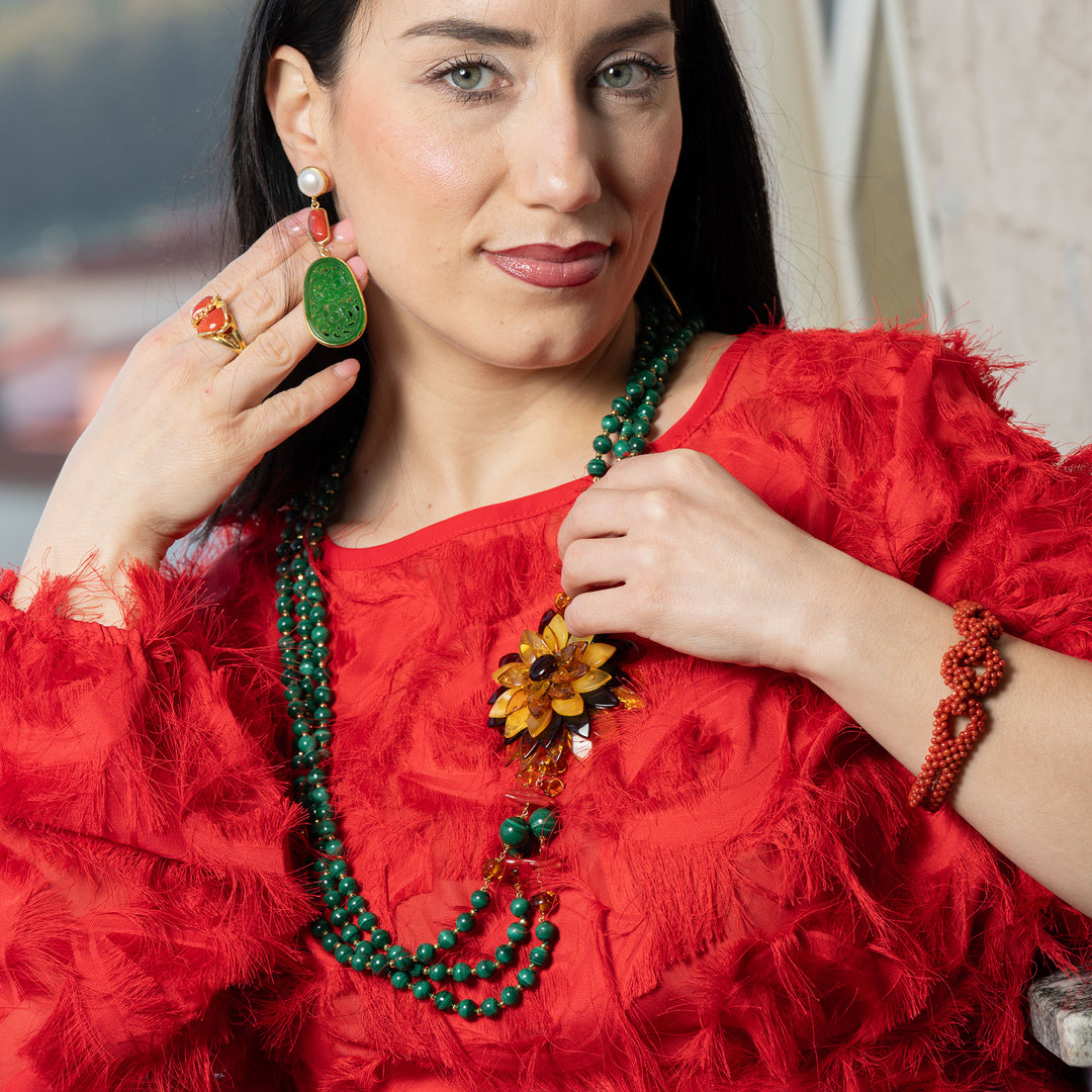 Amber, coral and malachite flower necklace mounted on silver