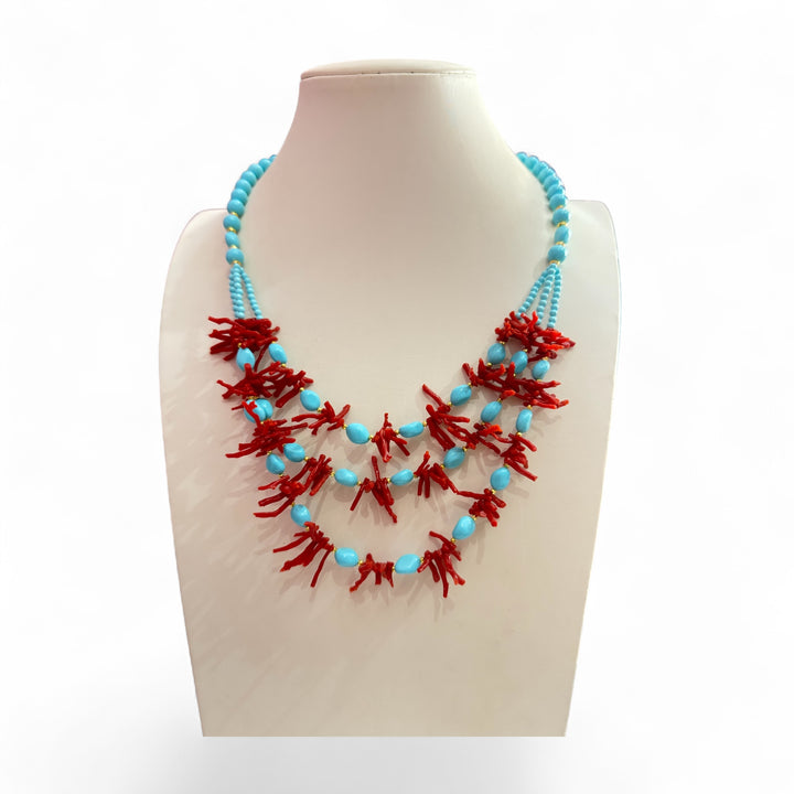 Collana Multifili corallo e pasta di turchese montato in argento dorato