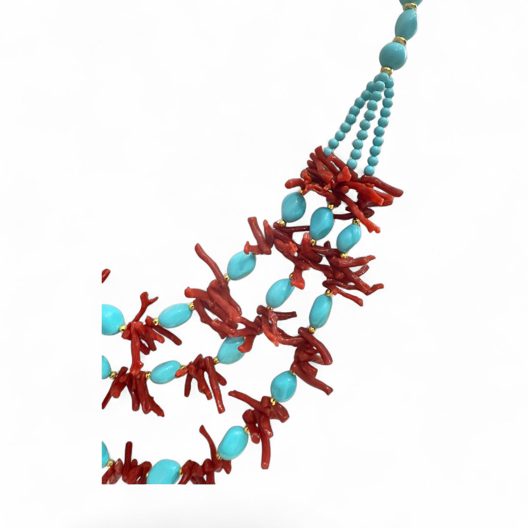 Collana Multifili corallo e pasta di turchese montato in argento dorato