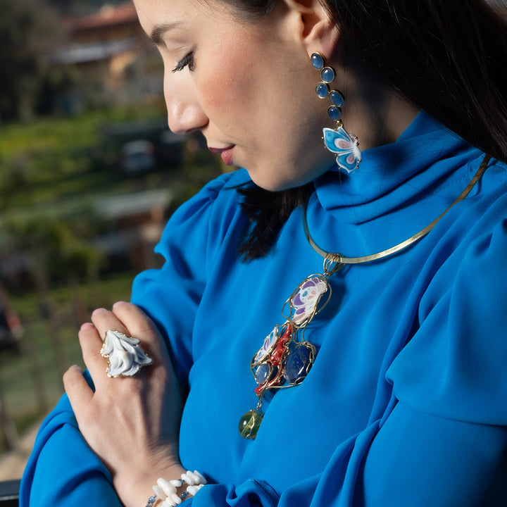 Cameo butterfly earrings and kyanite flower cluster mounted on silver
