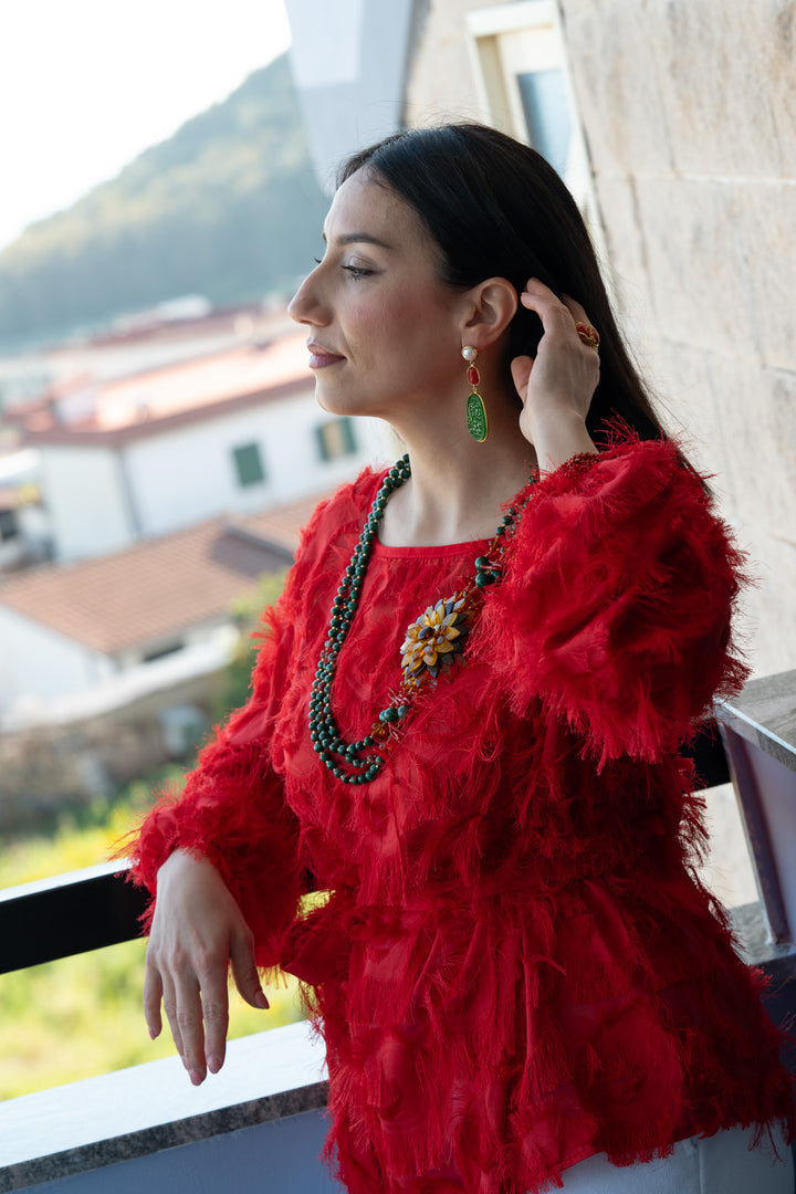 Amber, coral and malachite flower necklace mounted on silver