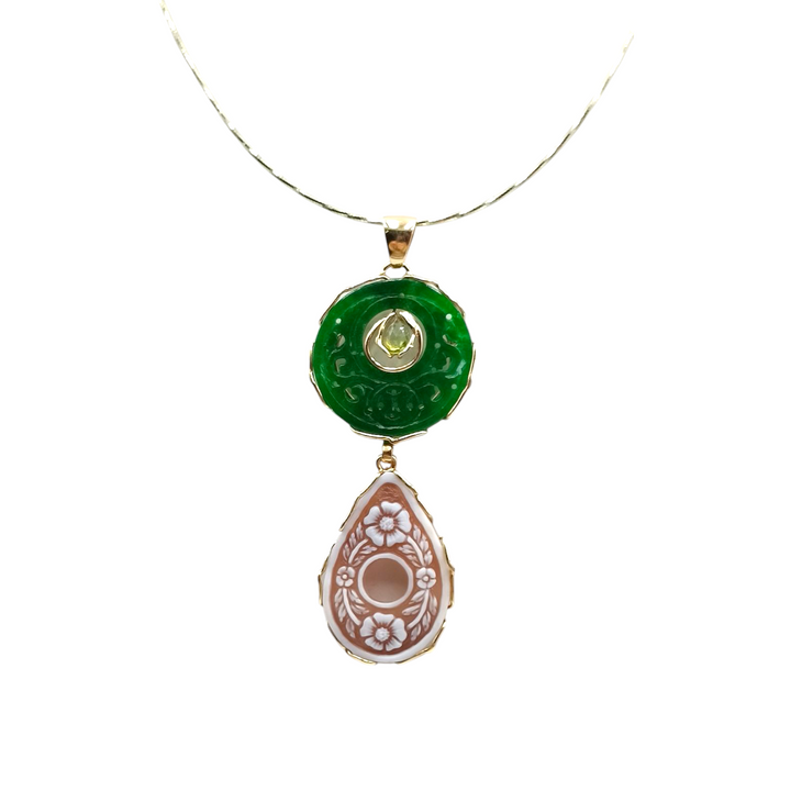 Pendant necklace "drop" in cameo and green jade mounted on silver