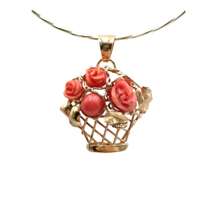"Fruit Basket" Pendant Necklace in Coral Mounted on Silver