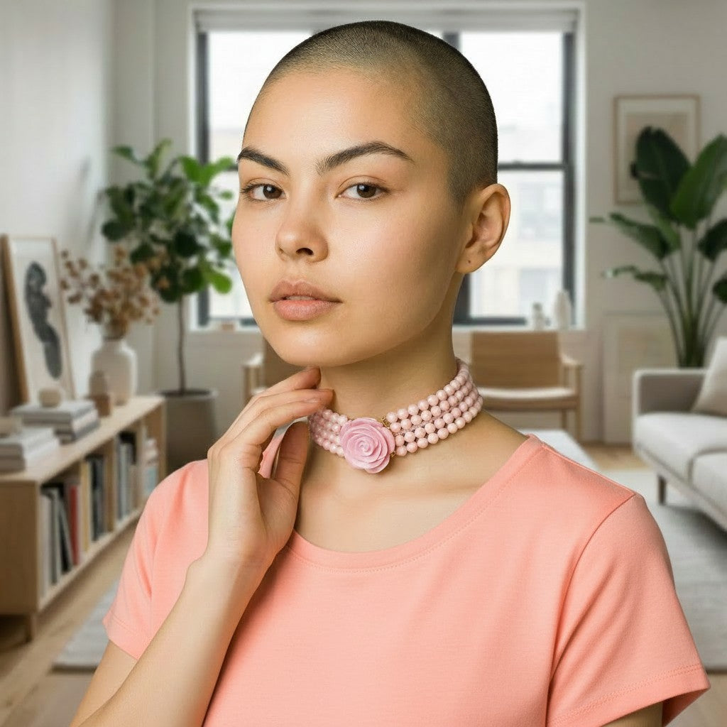 Choker Fiore di Pasta di Corallo rosa montato in Argento Dorato