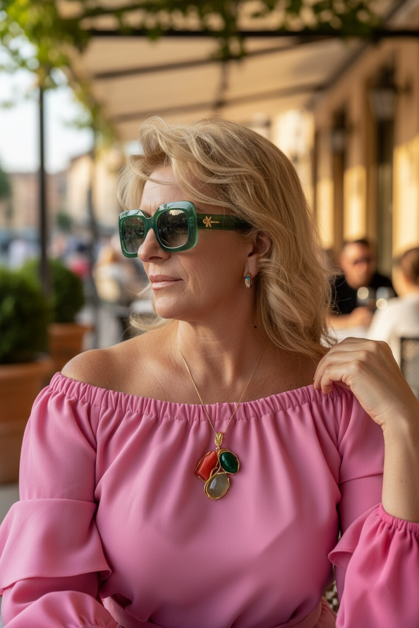 Necklace with Trilogy Pendants of Precious Stones set in Gold-Plated Silver