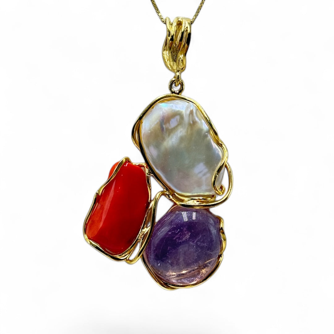 Necklace with Trilogy Pendants of Precious Stones set in Gold-Plated Silver
