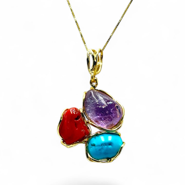 Necklace with Trilogy Pendants of Precious Stones set in Gold-Plated Silver