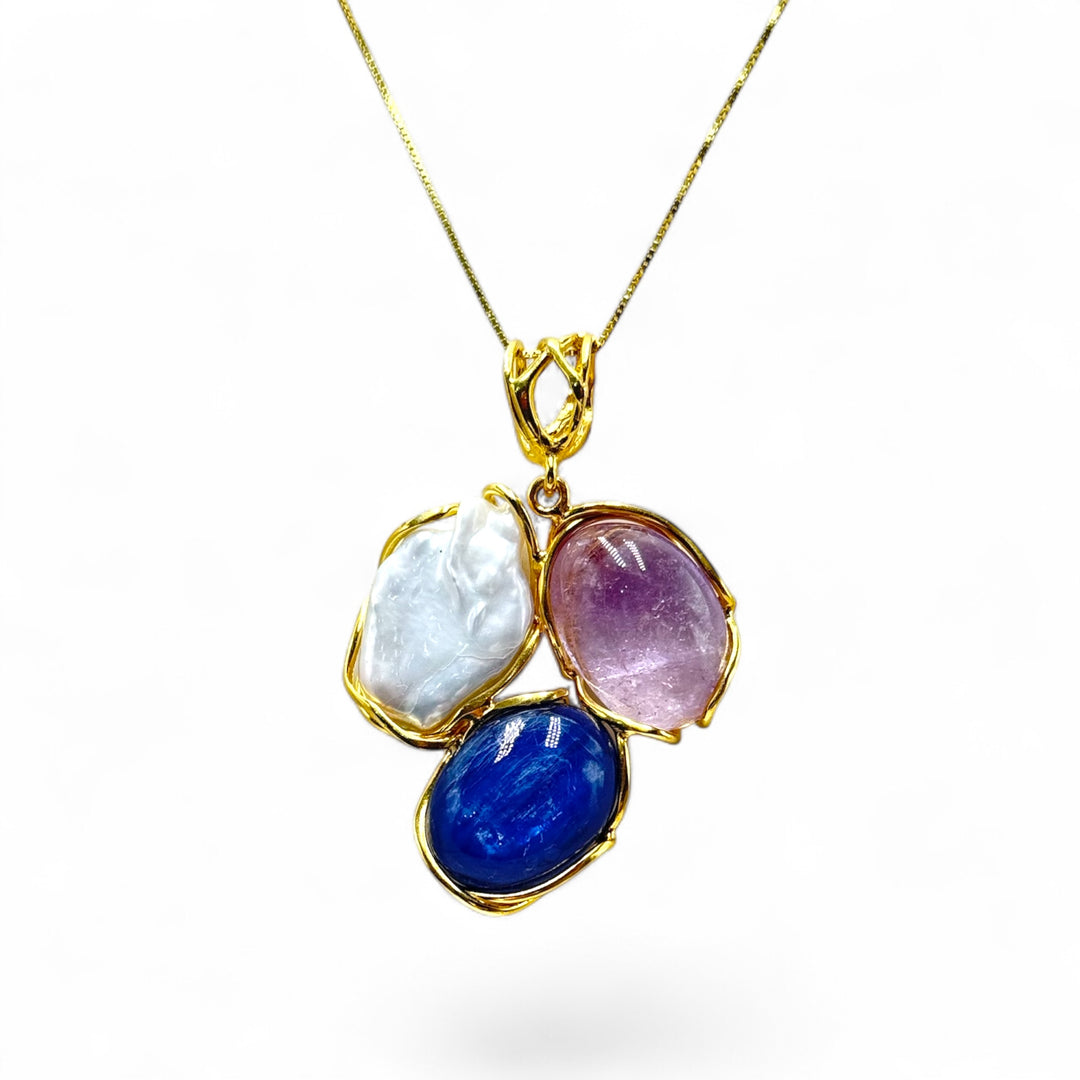 Necklace with Trilogy Pendants of Precious Stones set in Gold-Plated Silver
